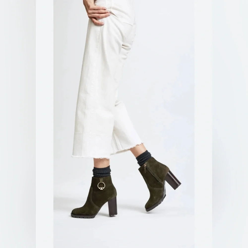NWT Tory Burch Olive Suede Ankle Boots with Ring Detail 6
